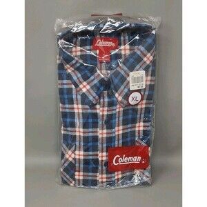 Vtg Coleman Mens Flannel Shirt XL Button Front Long Sleeve Plaid Blue/Red NOS